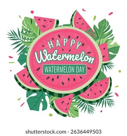 Cute Watermelon Composition with Slices and Leaves on Light Background – Vector Illustration for World Watermelon Day, Summer Holidays, Kids Projects, Seasonal Decor and Textile Design