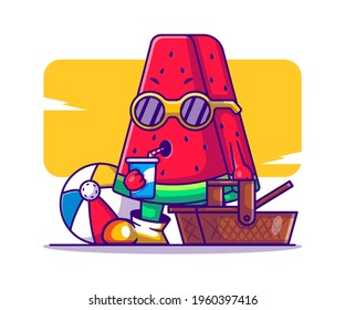 Cute Watermelon with Drink and Picnic Basket Vector Cartoon Illustration. Summer Icon Concept White Isolated. Flat Cartoon Style Suitable for Web Landing Page, Banner, Sticker, and Background