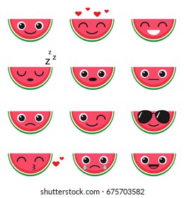 Cute watermelon emoji set. Vector illustration of fruit emoticons
