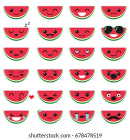 Cute watermelon emoji set. Vector illustration of fruit emoticons