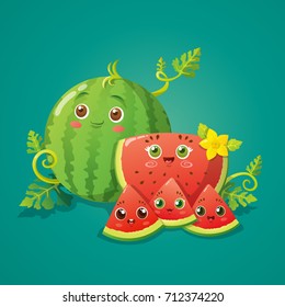 Cute watermelon family vector on green background