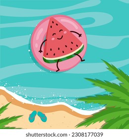 cute watermelon floating on a circle. Summer, beach, palm trees. vector illustration