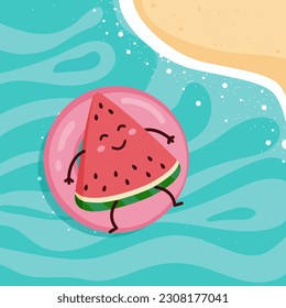 cute watermelon floating on a circle. Summer, beach, palm trees. vector illustration