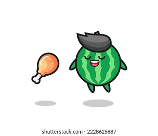 cute watermelon floating and tempted because of fried chicken , cute style design for t shirt, sticker, logo element