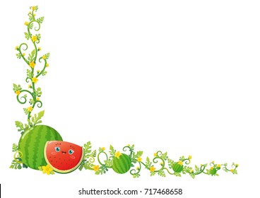 Cute watermelon with flowers, leaves and vines frame