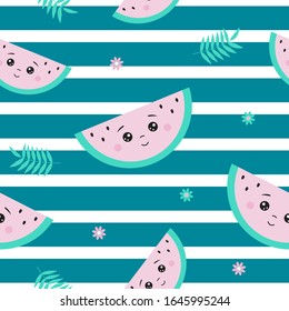 Melón de agua y flores sin costuras. Gracioso personaje de caricatura con cara sonriente sobre fondo blanco y verde desnudo. Diseño para los niños ropa, textil, tela, envoltura, papel de chatarra. Vector