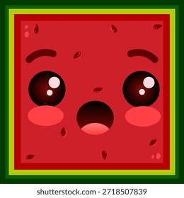 Cute Watermelon Fruit Character Face Square Background Illustration