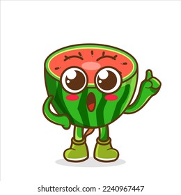 El personaje de la fruta de la sandía dulce con cara feliz y Gesto apuntando hacia arriba. Icono de carácter de fruta aislado. Emoji Sticker. estilo de dibujos animados planos Vector