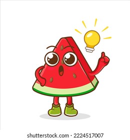 Carácter de la fruta de la sandía dulce con bombilla de luz Idea. Icono de carácter de fruta aislado. Emoji Sticker. estilo de dibujos animados planos Vector