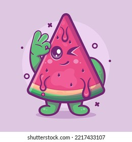 cute watermelon fruit character mascot with ok sign hand gesture isolated cartoon in flat style design 