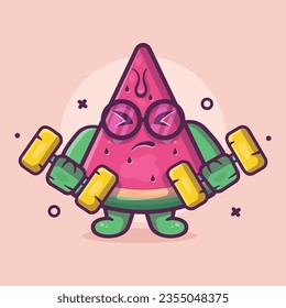 cute watermelon fruit character mascot doing bodybuilding using dumbbell isolated cartoon in flat style design