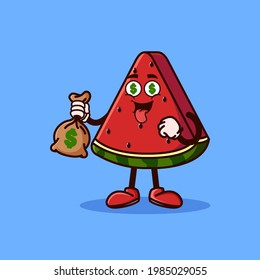 Cute Watermelon Fruit Character With Money Eyes And Holding Money Bag. Fruit Character Icon Concept Isolated. Emoji Sticker. Flat Cartoon Style Vector