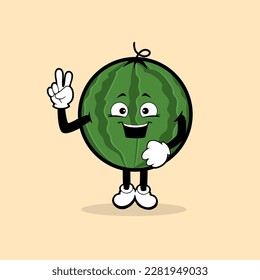 Cute watermelon fruit character with peace hand expression vector