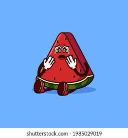 Cute Watermelon fruit character sitting and crying. Fruit character icon concept isolated. flat cartoon style Premium Vector