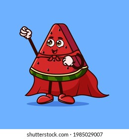Cute watermelon fruit character with Super hero costume and try to fly. Fruit character icon concept isolated. Emoji Sticker. flat cartoon style Vector
