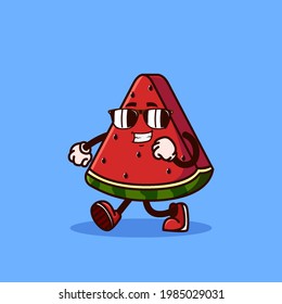 Cute Watermelon fruit character walking with eyeglass. Fruit character icon concept isolated. flat cartoon style Premium Vector