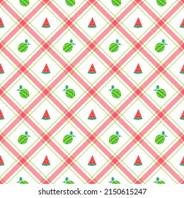 Cute Watermelon Fruit Element Red Green Diagonal Stripe Striped Line Tilt Checkered Plaid Tartan Buffalo Scott Gingham Pattern Flat Cartoon Vector Seamless Pattern Print Background Food
