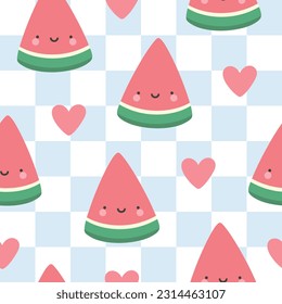 Cute watermelon fruit kawaii face seamless pattern, abstract repeated cartoon background, vector illustration