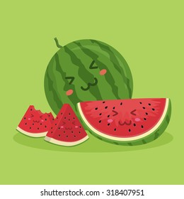 Cute Watermelon Fruit Slice Mascot Green. Illustration of cute watermelon mascot in green background.