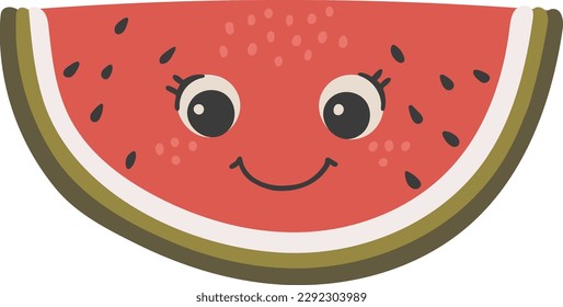 Cute watermelon fruit vector, Fruit with face, Happy watermelon vector, Summer fruit with eyes, Kids funny illustration