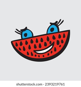 Cute watermelon fruit vector, Fruit with face, Happy watermelon vector, Summer fruit with eyes, Kids funny illustration. Doodle
