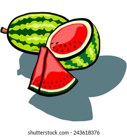 Cute Watermelon, Watermelon half and Watermelon slice wedge vector cartoon