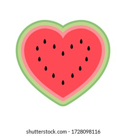 Cute watermelon heart isolated on white background. Heart shaped half a watermelon for Valentines day. Flat cartoon style in bright colors. Vector illustration