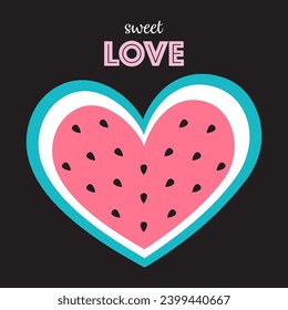 cute watermelon heart on black background, heart shaped half watermelon for valentines day, flat cartoon style