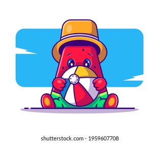 Cute Watermelon holding Beach Ball Vector Cartoon Illustration. Summer Icon Concept White Isolated. Flat Cartoon Style Suitable for Web Landing Page, Banner, Sticker, and Background