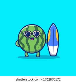 Cute Watermelon Holding Surfboard Cartoon Vector Icon Illustration. Summer Fruit Icon Concept Isolated Premium Vector. Flat Cartoon Style 