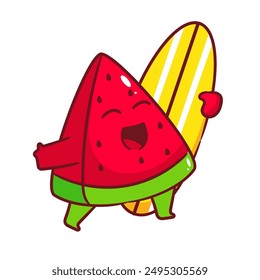 Nette Wassermelone Holding Surfen Opslagstavle Cartoon Vektorgrafik. In: Fruit Summer Concept Design Illustration. Handgezeichneter Stil. Isolierter weißer Hintergrund.