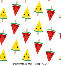 Cute watermelon ice cream seamless pattern on white background.