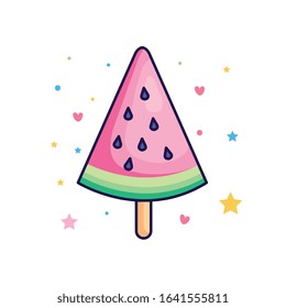 cute watermelon ice cream with stars and hearts decoration vector illustration design