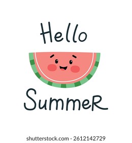 Cute watermelon illustration with hello summer text. Perfect for kids and seasonal designs. Fun and playful summer illustration.