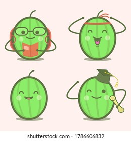 cute watermelon illustration set, attending school, reading books, youthful enthusiasm and graduation, summer and school concepts