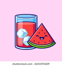 Cute Watermelon Juice With Watermelon Fruit Cartoon Vector Icon Illustration. Food Drink Icon Concept Isolated Premium Vector. Flat Cartoon Style