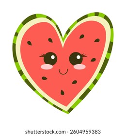 Cute watermelon with kawaii face in heart shape, summer cartoon fruit character. 