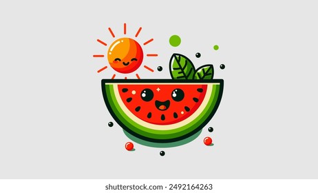Cute Watermelon with Leaves and Sunrise. This delightful design features a cute watermelon with leaves and a sunrise. Perfect for summer themes, it adds a touch of joy and freshness to your projects