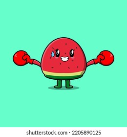 Cute Watermelon mascot cartoon playing sport with boxing gloves and cute stylish design