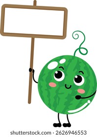 Mascote bonito de melancia segurando um sinal em branco