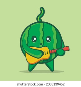 Cute watermelon mascot playing guitar isolated cartoon vector illustration in flat style