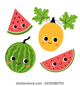 Linda sandía y melón en estilo kawaii.