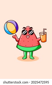 Cute watermelon with orange juice in summer cartoon illustration