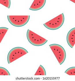 Cute watermelon pattern on a white background. Flat cartoon style. Minimalist and simple. Can be used as a wallpaper, wrapping paper, textile print, backdrop etc. Seamless vector illustration.
