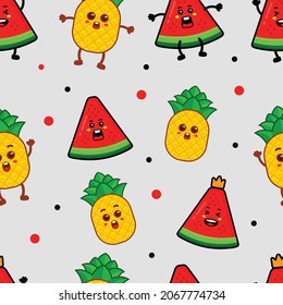Cute watermelon and pineapple character seamless pattern
