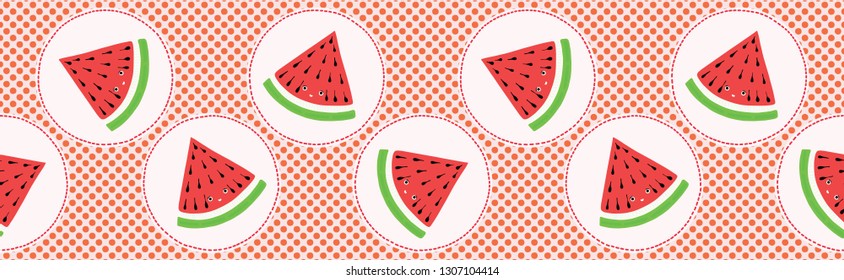 Cute watermelon polka dot vector illustration. Seamless repeating border pattern. Hand drawn kawaii dotty melon tropical background. 1950's style retro kitchen decor, kid banner ribbon, 5aday fruit .