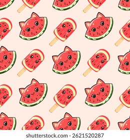 Bonito Padrão Sem Costura De Picolé De Melancia. Fundo de vetor de gelado de melancia de Kawaii