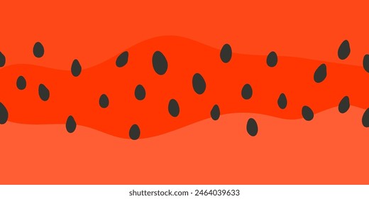 Cute watermelon pulp background with seeds in simple cartoon style. Colorful summer seasonal backdrop.