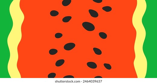 Cute watermelon pulp and skin background with seeds in simple cartoon style. Colorful summer seasonal backdrop.