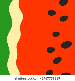 Fondo lindo de la pulpa de la sandía y de la piel con las semillas en estilo simple de la historieta. Colorido telón de fondo de temporada de verano.